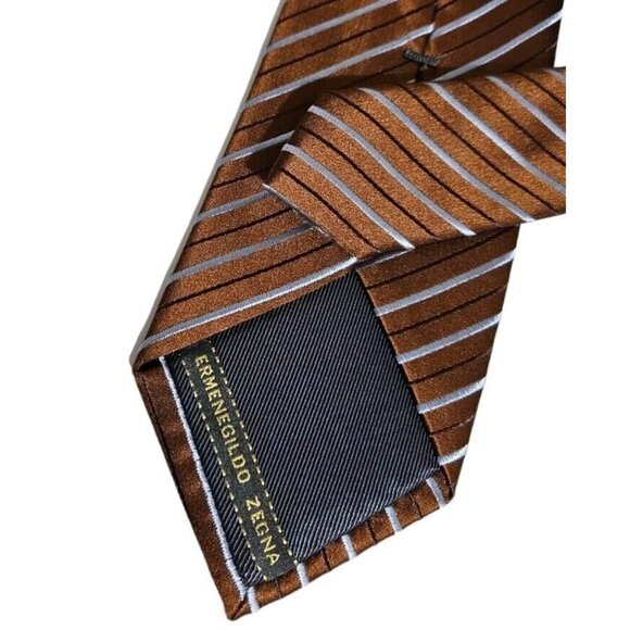 ERMENEGILDO ZEGNA Men's 100% Silk Necktie LUXURY Tie Brown Striped W:3.2" EUC - Picture 5 of 5